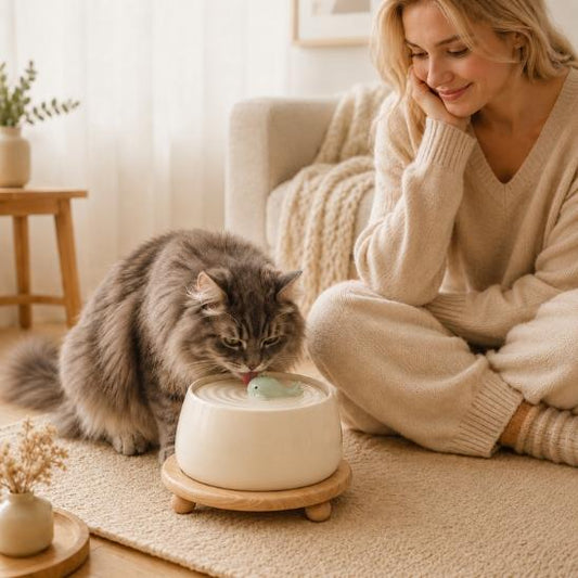 Fontaine à eau chat céramique Baleine beige avec chat qui boit