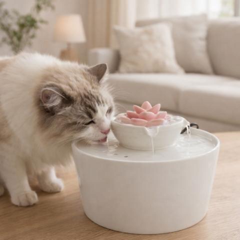 chat utilisant une fontaine à eau pour chat céramique design fleur lotus silencieuse