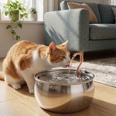 Fontaine chat inox avec robinet en cascade dans un salon