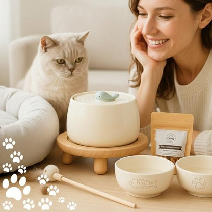 Fontaine à eau pour chat en céramique design Baleine beige