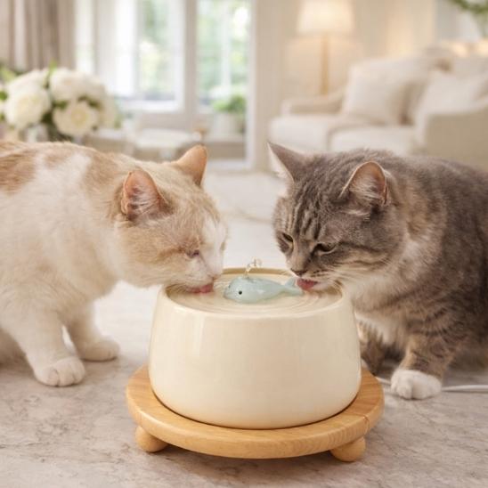 Fontaine à eau chat céramique baleine beige silencieuse 1.3L
