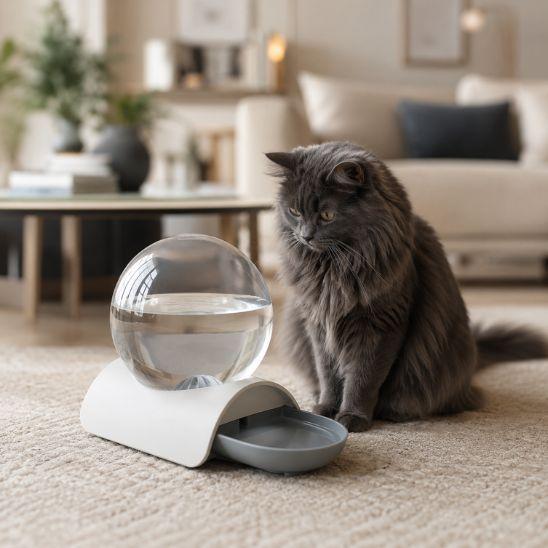 Fontaine à eau chat sans électricité gris avec chat