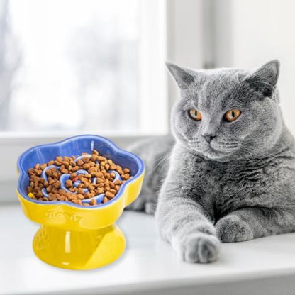 gamelle anti glouton chat surélevée céramique jaune bleu