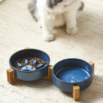 gamelle anti glouton chat céramique bleu support bois duo 