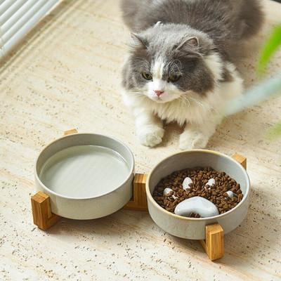 gamelle anti glouton chat céramique gris support bois duo 