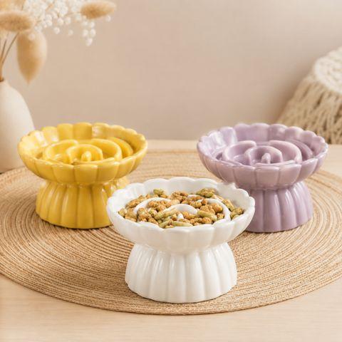 Gamelles anti-glouton en céramique JardinZen blanche, jaune et violette