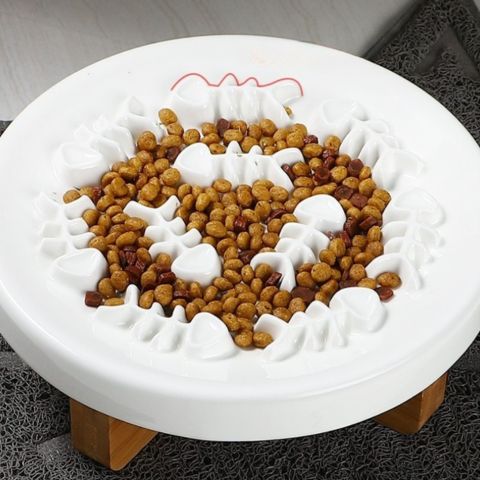 gamelle anti glouton chat céramique et bois surélevée obstacles poisson