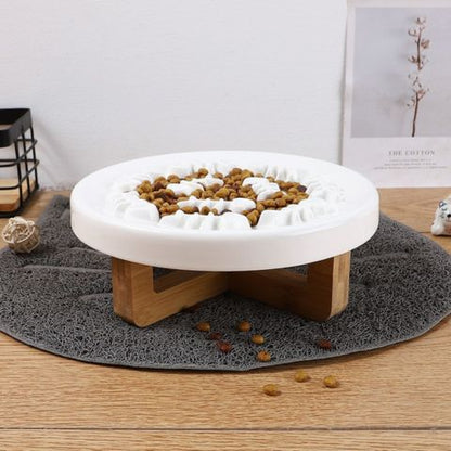 gamelle anti glouton chat céramique et bois surélevée blanche
