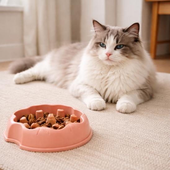 Chat détendu près d’une gamelle anti-glouton pour chat rose