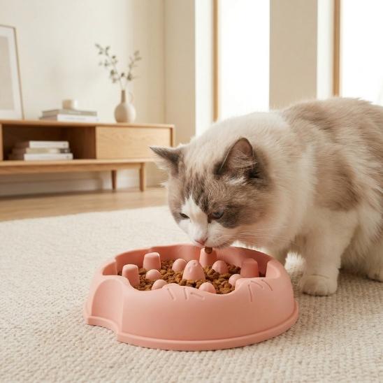 Chat utilisant une gamelle anti-glouton pour chat rose avec croquettes