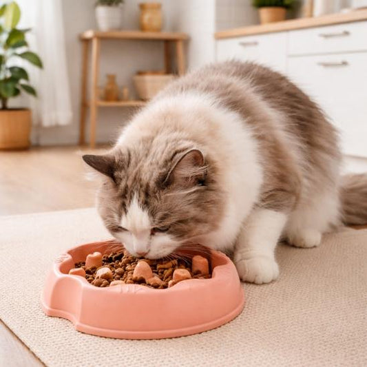 Chat mangeant dans une gamelle anti-glouton pour chat rose