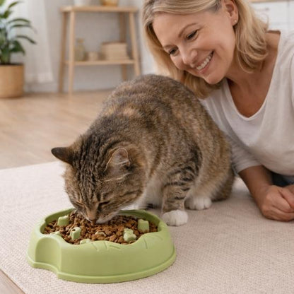 Chat utilisant une gamelle anti-glouton pour chat verte avec sa propriétaire