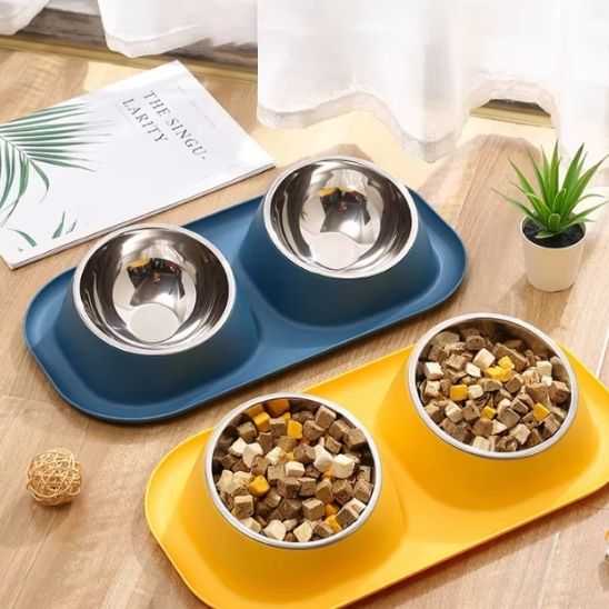 gamelle chat inclinée bols inox amovibles jaune bleu