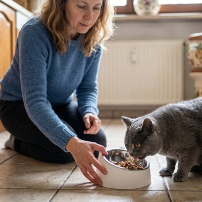Vue de côté d’une gamelle chat inclinée pensée pour des repas plus confortables