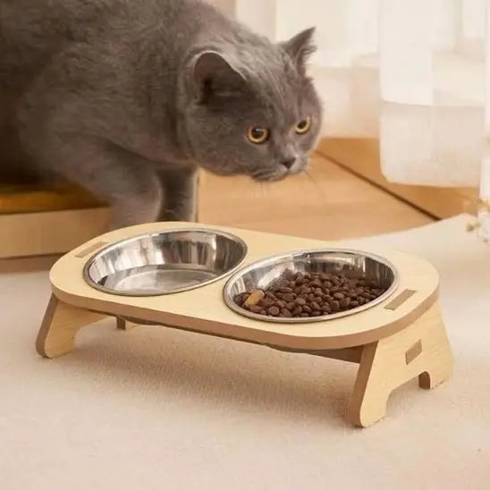 gamelle chat surélevée inclinée support bois bols inox