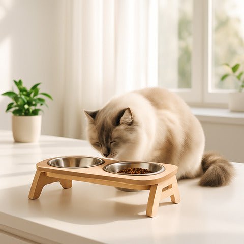 gamelle chat surélevée inclinée support bois bols inox