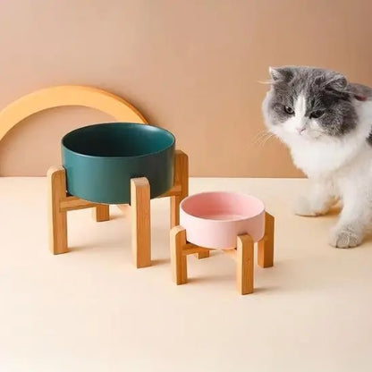 gamelle chat surélevée céramique rose verte support bois