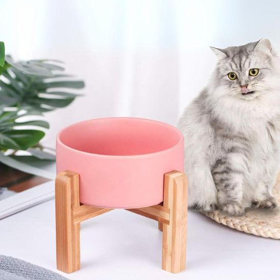 gamelle chat surélevée céramique rose support bois 