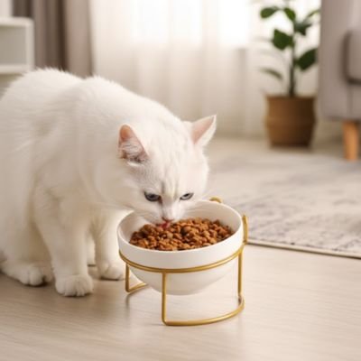 Gamelle surélevée pour chat design céramique avec chat blanc mange