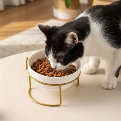 Gamelle surélevée pour chat design céramique avec chat noir intérieur