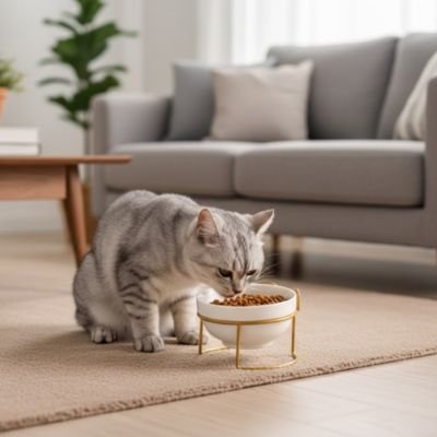 Chat mangeant dans une gamelle surélevée design céramique dans salon moderne