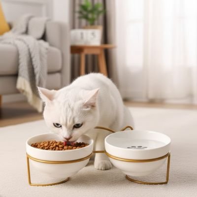 Gamelle chat surélevée double céramique dorée