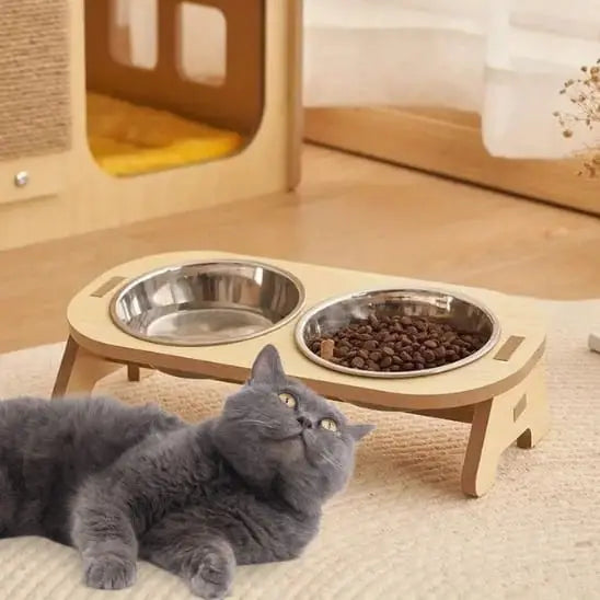 gamelle chat surélevée inclinée support bois bols inox