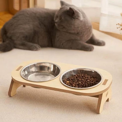 gamelle chat surélevée inclinée double bois inox