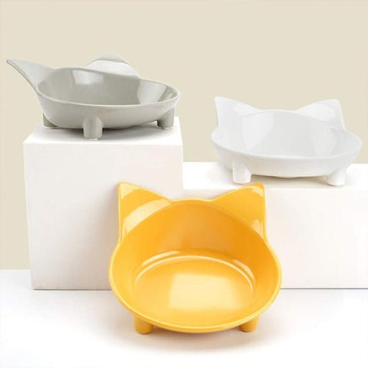 gamelle chat surélevée forme oreilles chat jaune blanc gris