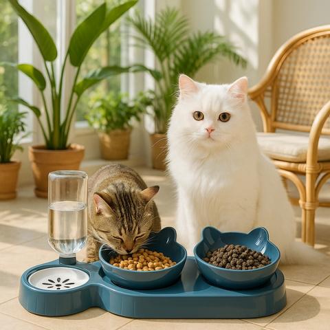 chat gamelle surélevée station alimentation eau croquettes plastique bleu