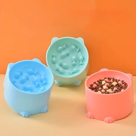 gamelle anti-glouton surélevée chat plastique rose bleu vert