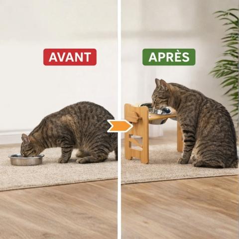 chat mangeant dans une gamelle surélevée réglable ergonomique