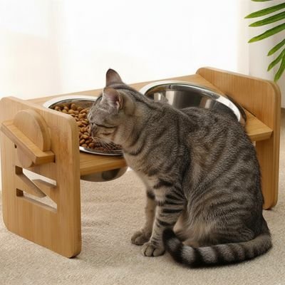 gamelle surélevée pour chat réglable en bambou avec double bol inox