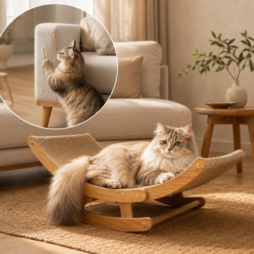 Chat sur un griffoir pour chat avec canapé griffé