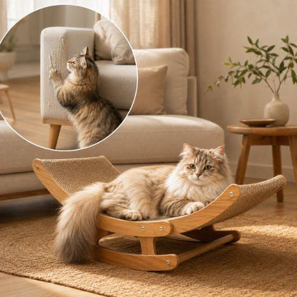 Chat sur un griffoir pour chat avec canapé griffé