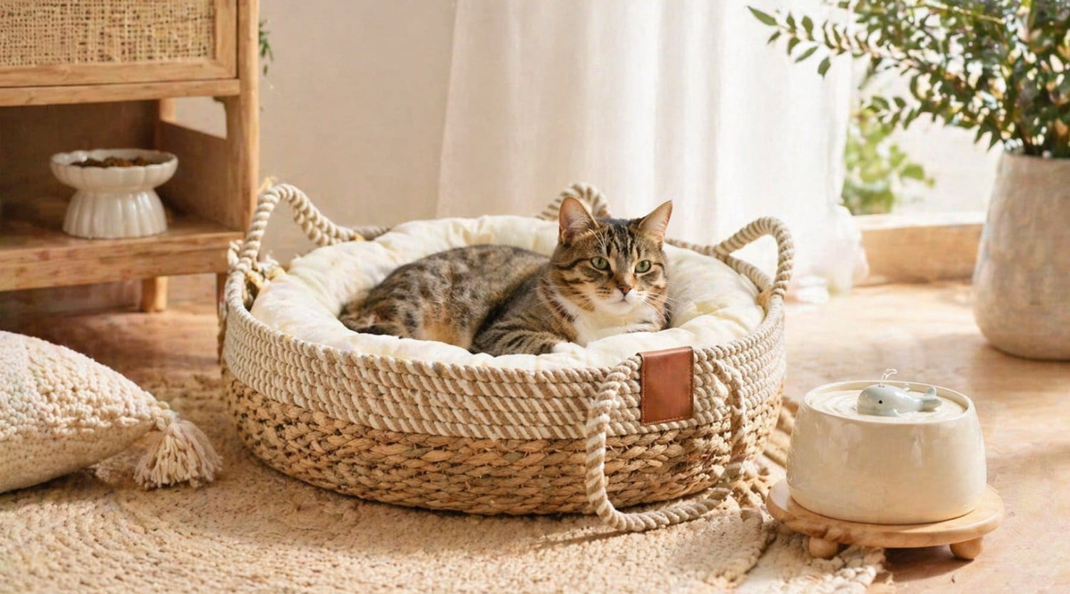Chat dans un panier en osier avec fontaine à eau chat en céramique, dans un intérieur doux et lumineux