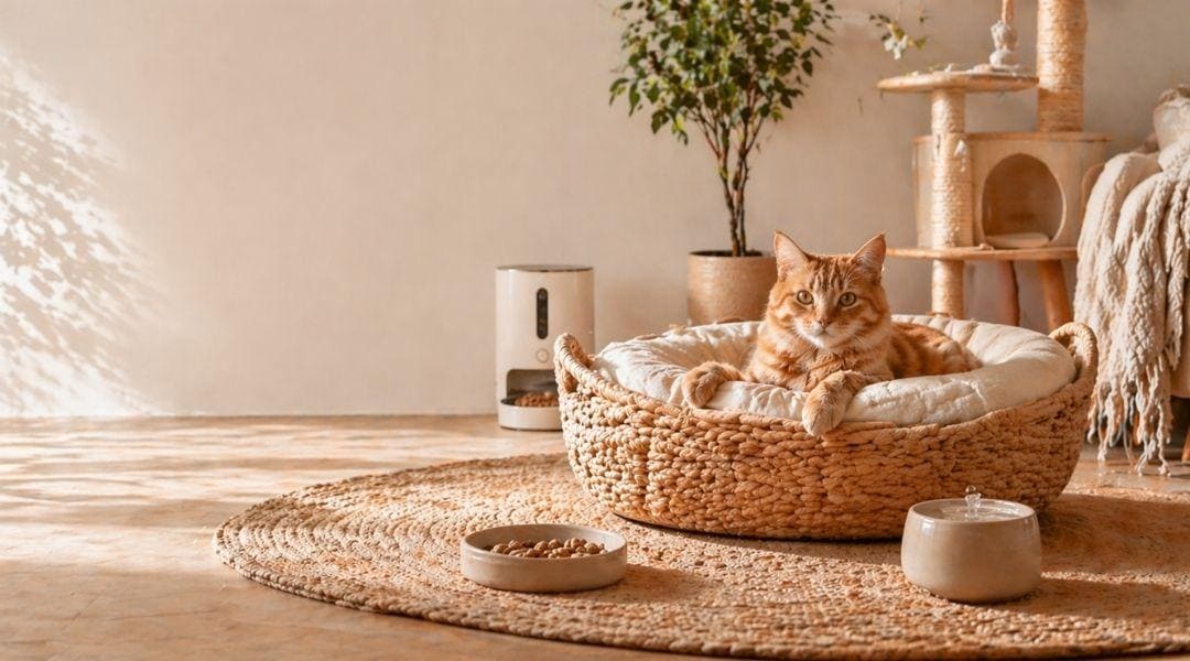 Chat roux dans un panier en rotin entouré d’accessoires premium pour le bien-être du chat dans un intérieur lumineux et chaleureux