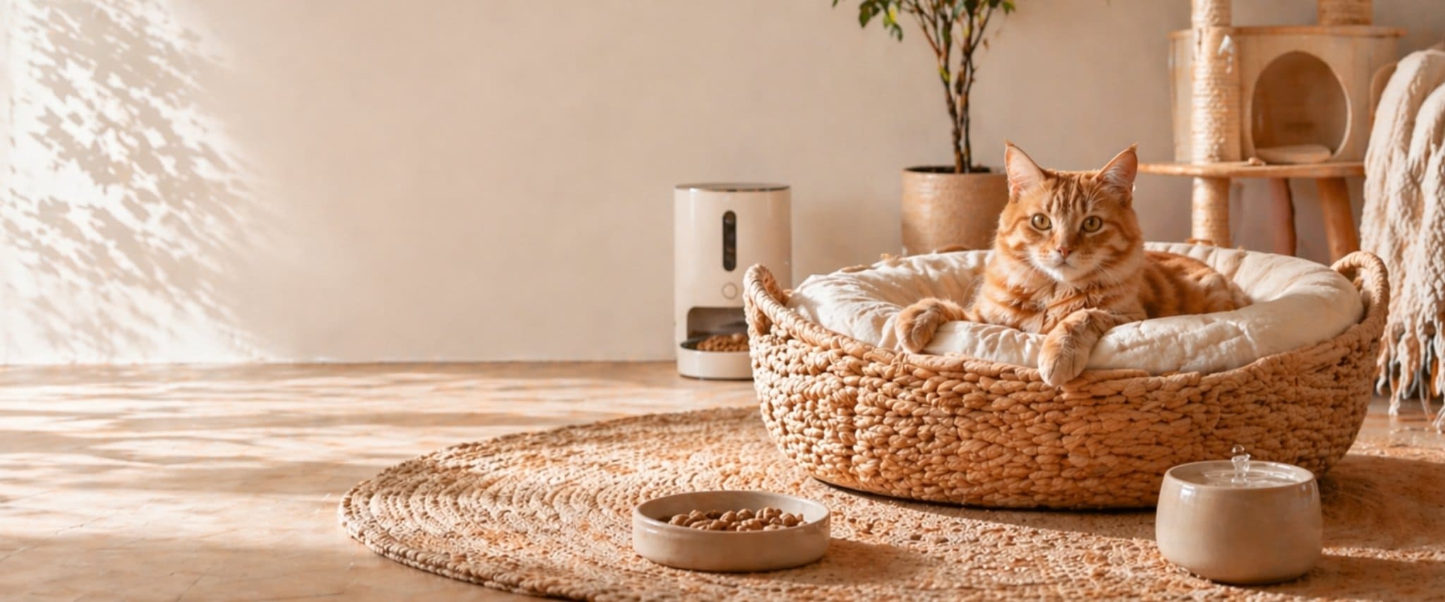 Chat roux dans un panier en rotin entouré d’accessoires premium pour le bien-être du chat dans un intérieur lumineux et chaleureux