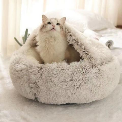 lit pour chat en peluche douce grotte semi-fermée gris