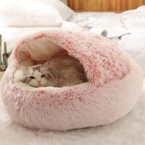 Lit pour chat en peluche douce grotte semi-fermée rose