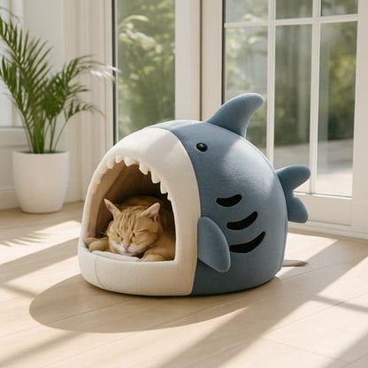 Maison pour chat requin panier chat semi-fermée douillette pliable légère