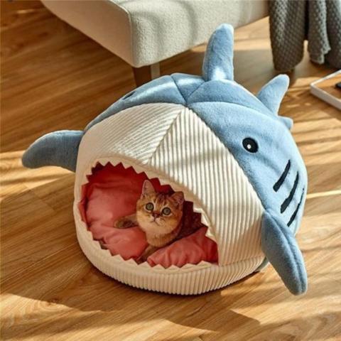 Maison pour chat design requin semi-fermée douillette pliable légère