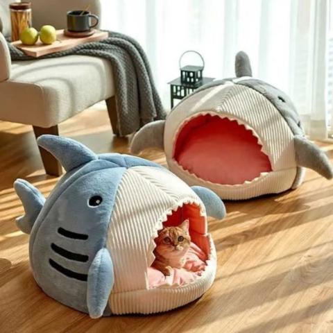 Maison pour chat design requin semi-fermée douillette pliable légère
