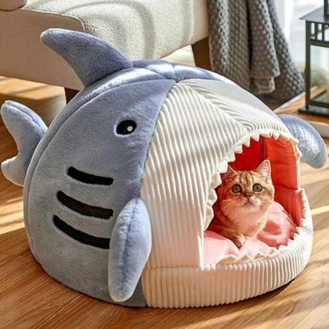 Maison pour chat design requin semi-fermée douillette pliable légère