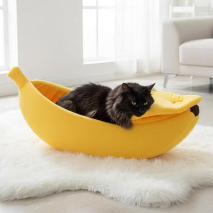 maison pour chat design banane jaune peluche doux semi-ouvert