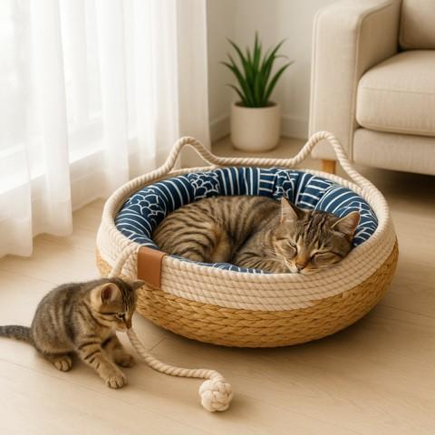 panier chat osier rotin coussin rebord griffoir corde jeu multifonction