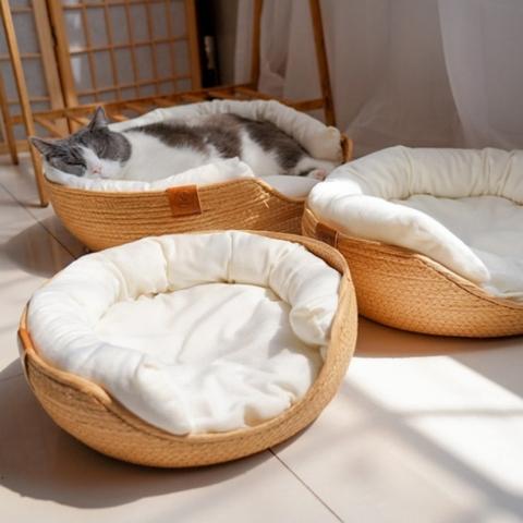 panier chat osier tissé à la main oreiller coussin amovible