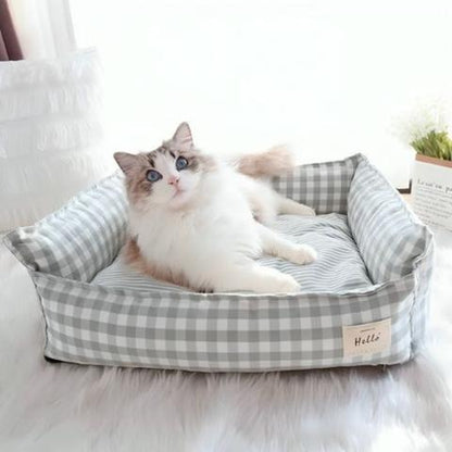 Panier pour chat vichy sauge moelleux ergonomique antidérapant