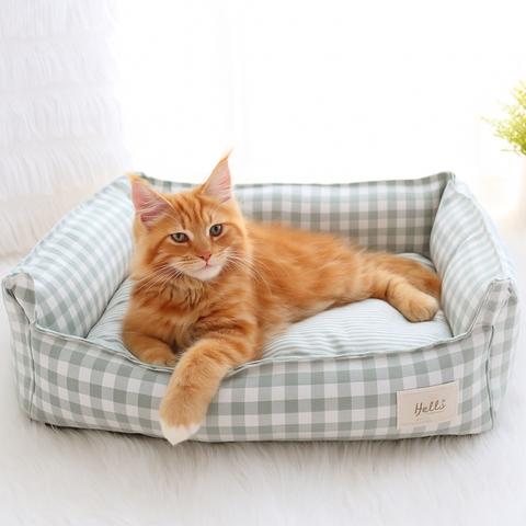 Panier pour chat vichy sauge moelleux ergonomique antidérapant
