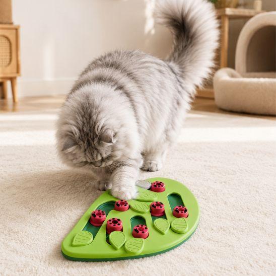 Chat curieux devant un puzzle alimentaire pour chat